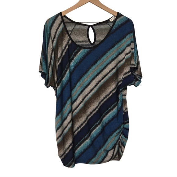 Agenda Tops - Agenda Blue Striped Scoop Neck Ruched Side Short Sleeve Tunic Top Size XL